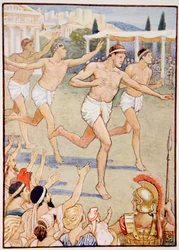 In frühester Zeit war ein einfacher Fußrennen das einzige Ereignis, Illustration aus The Story of Greece von Mary Macgregor, 1. Ausgabe, 1913